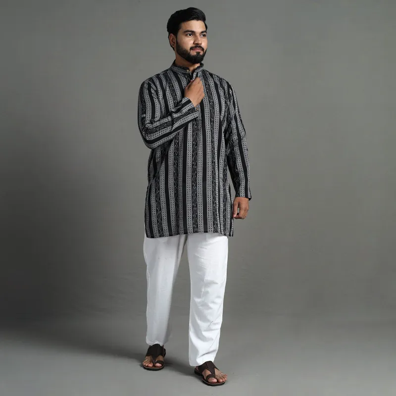 Black - Sambalpuri Ikat Weave Cotton Men Short Kurta made by Itokri