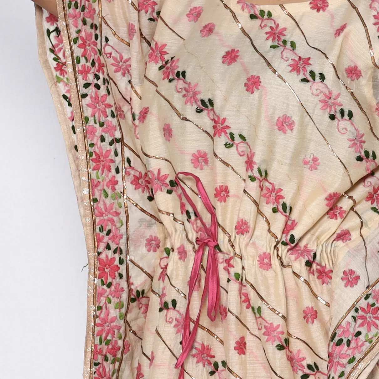 Beige - Phulkari Embroidery Chapa Work Chanderi Silk Kaftan with Tie-Up Waist (Medium) sold by Itokri product image thumbnail 3