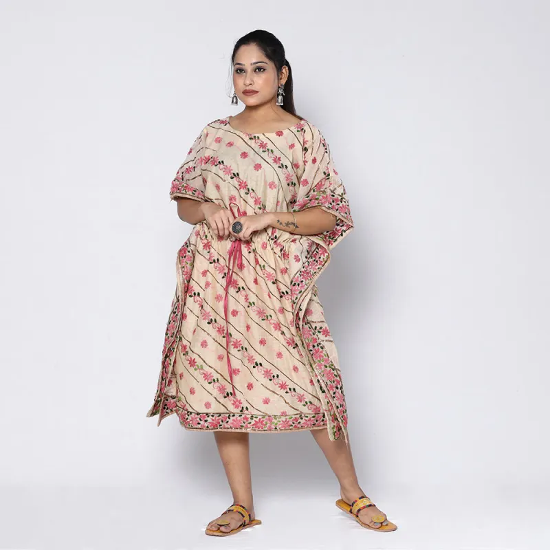Beige - Phulkari Embroidery Chapa Work Chanderi Silk Kaftan with Tie-Up Waist (Medium) made by Itokri