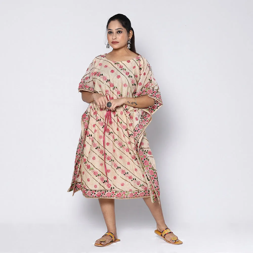Beige - Phulkari Embroidery Chapa Work Chanderi Silk Kaftan with Tie-Up Waist (Medium) sold by Itokri