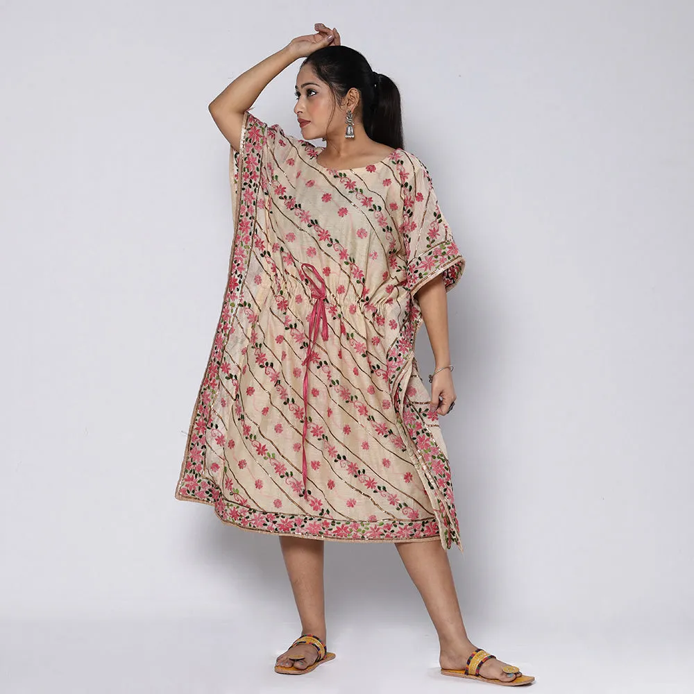 Beige - Phulkari Embroidery Chapa Work Chanderi Silk Kaftan with Tie-Up Waist (Medium) sold by Itokri product image thumbnail 2