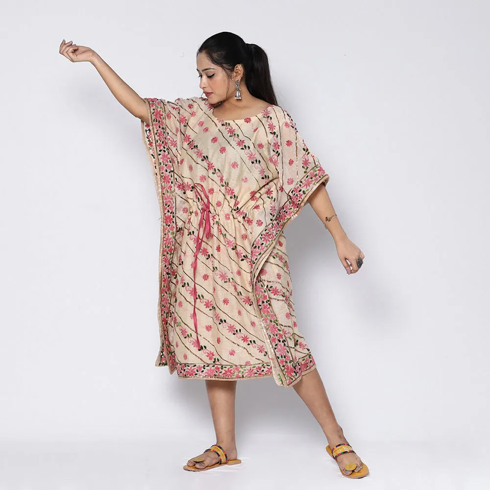 Beige - Phulkari Embroidery Chapa Work Chanderi Silk Kaftan with Tie-Up Waist (Medium) sold by Itokri product image thumbnail 4