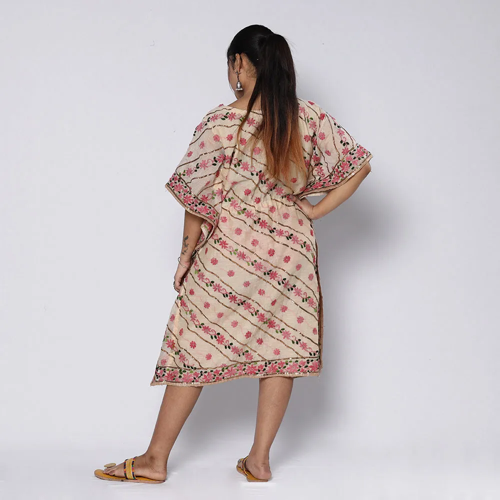 Beige - Phulkari Embroidery Chapa Work Chanderi Silk Kaftan with Tie-Up Waist (Medium) sold by Itokri product image thumbnail 5