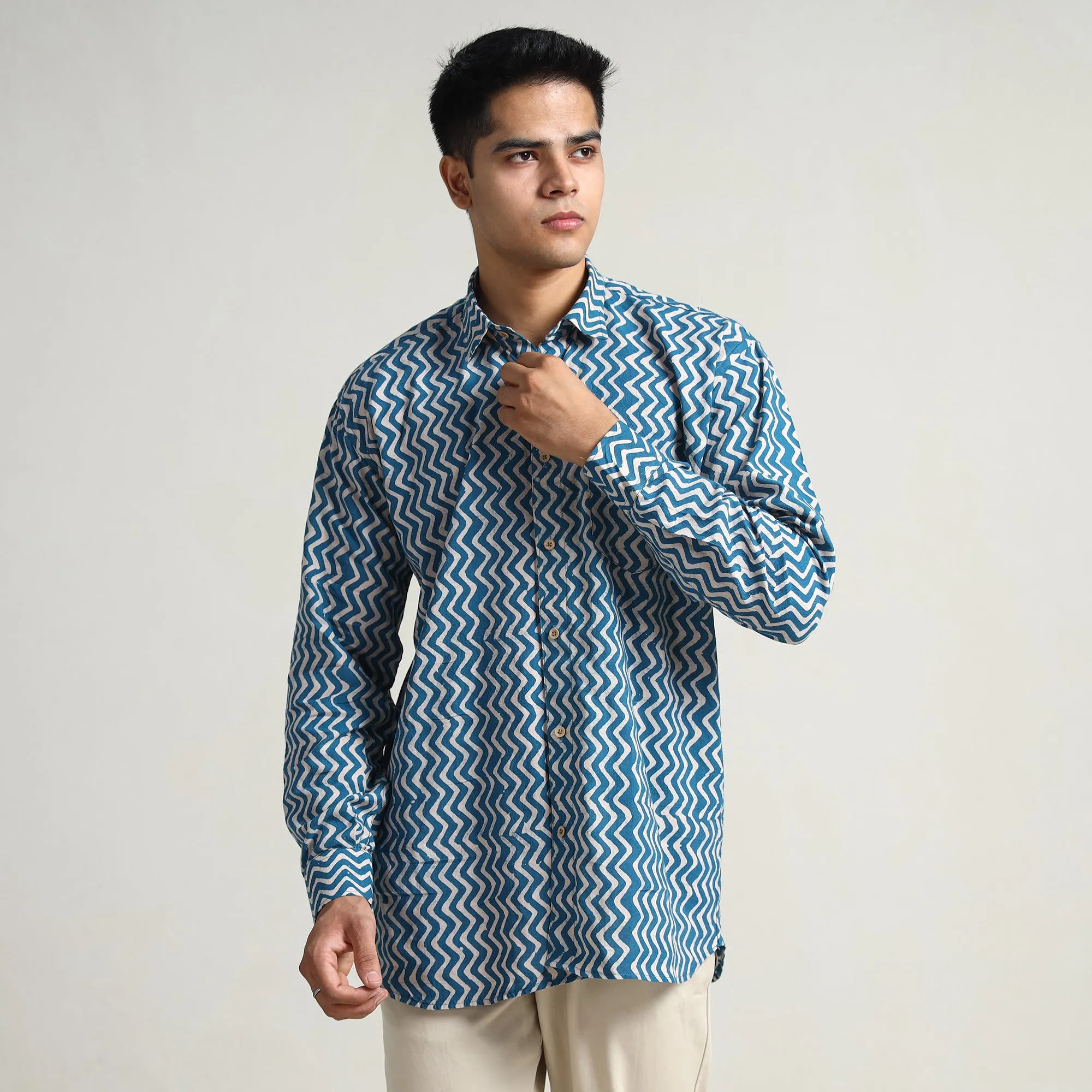 Blue - Hand Batik Printed Cotton Men Full Sleeve Shirt 09 sold by Itokri product image thumbnail 3