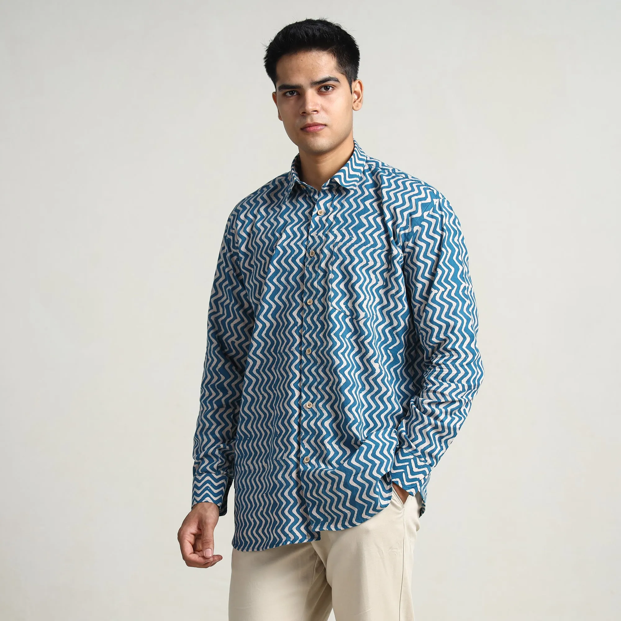 Blue - Hand Batik Printed Cotton Men Full Sleeve Shirt 09 sold by Itokri