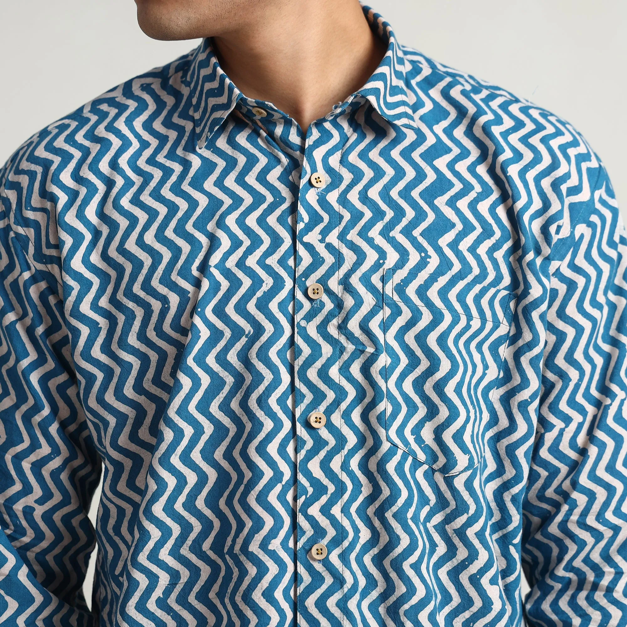 Blue - Hand Batik Printed Cotton Men Full Sleeve Shirt 09 sold by Itokri product image thumbnail 4