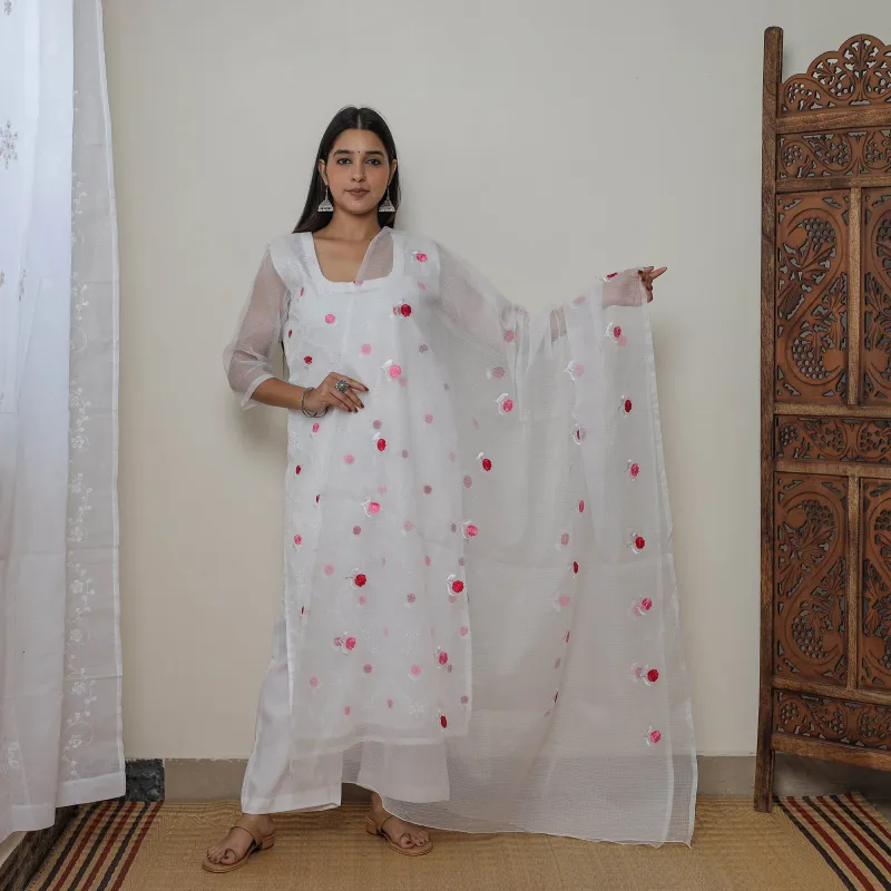 White - Kota Doria Cotton Embroidery Kurta Suit Set 14 made by Itokri