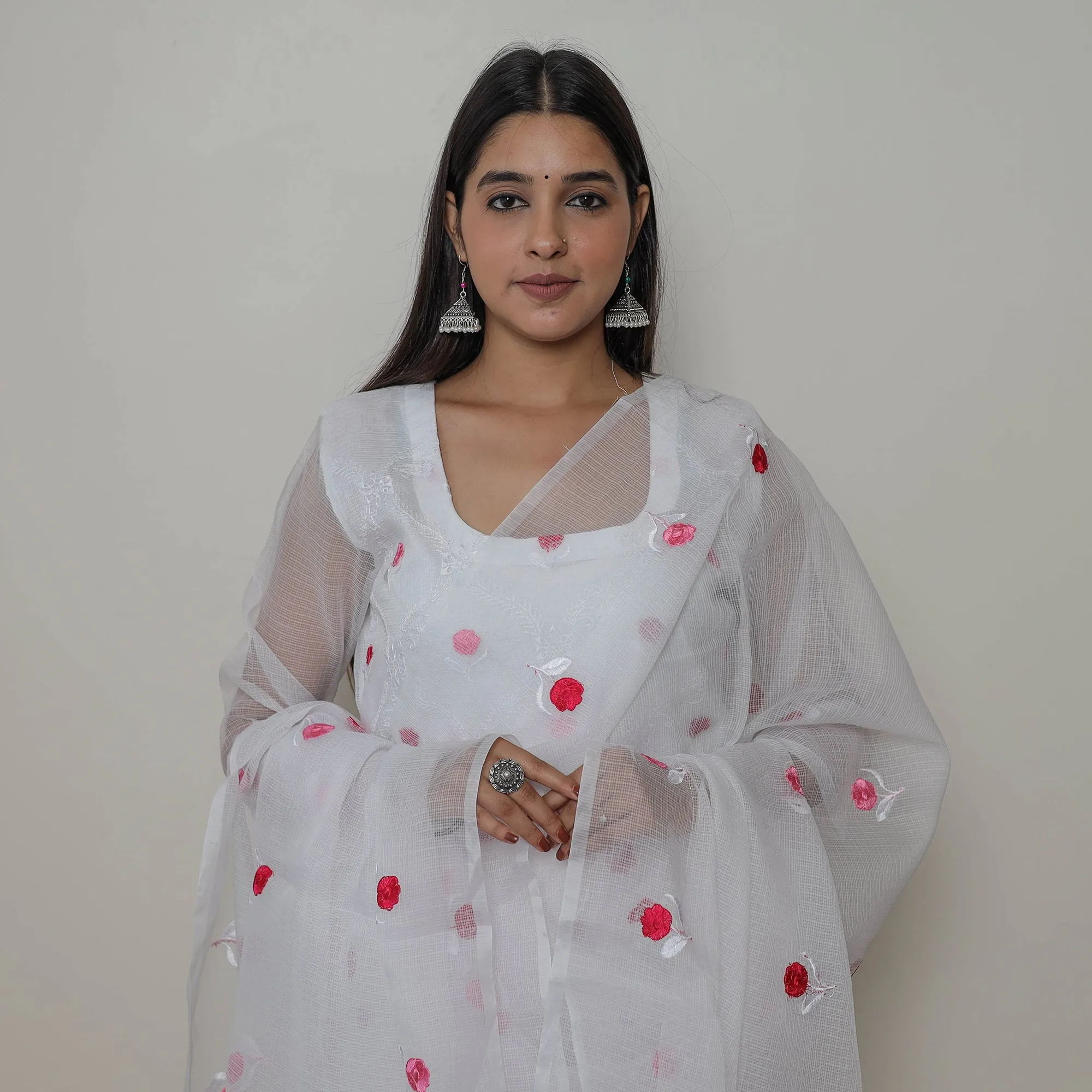 White - Kota Doria Cotton Embroidery Kurta Suit Set 14 sold by Itokri product image thumbnail 4