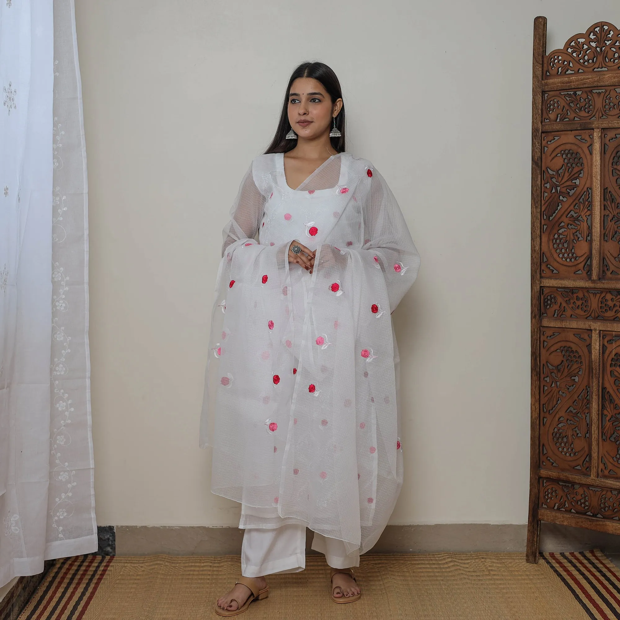 White - Kota Doria Cotton Embroidery Kurta Suit Set 14 sold by Itokri product image thumbnail 3