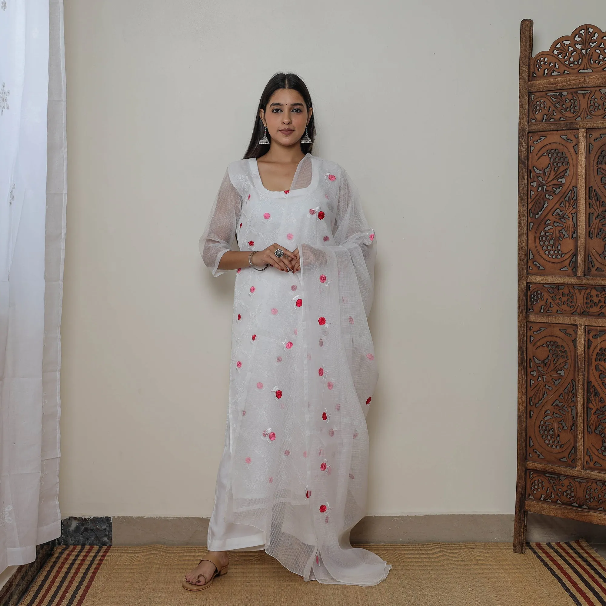 White - Kota Doria Cotton Embroidery Kurta Suit Set 14 sold by Itokri product image thumbnail 2
