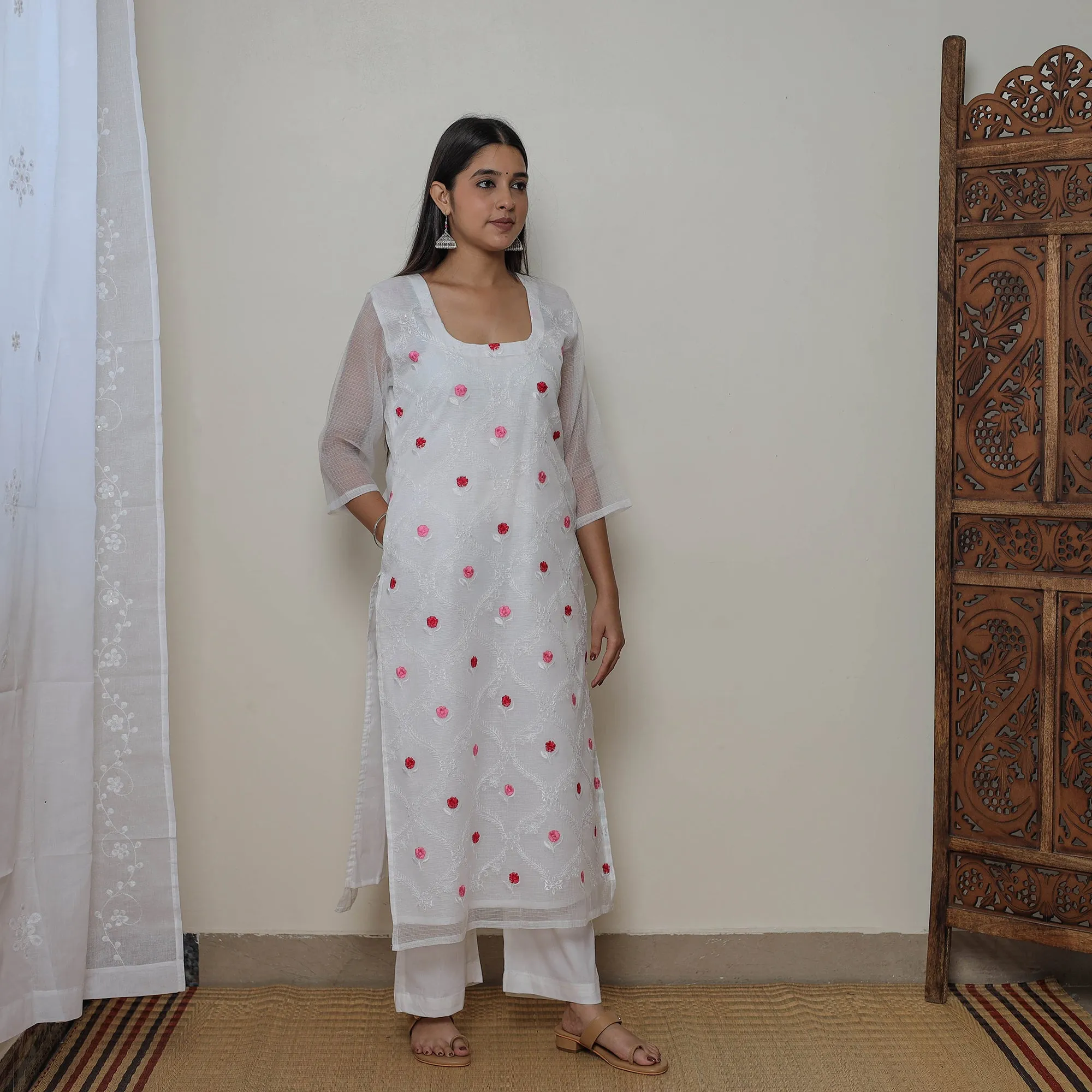 White - Kota Doria Cotton Embroidery Kurta Suit Set 14 sold by Itokri product image thumbnail 5