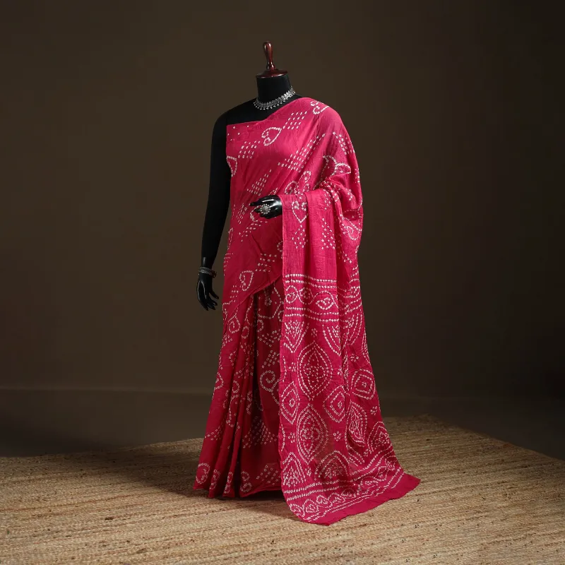 Pink - Kutch Tie-Dye Pure Mul Cotton Rai Bandhani Saree with Blouse Piece 23 made by Itokri