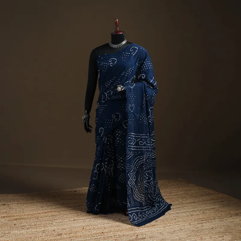 Blue - Kutch Tie-Dye Pure Mul Cotton Rai Bandhani Saree with Blouse Piece 12 made by Itokri