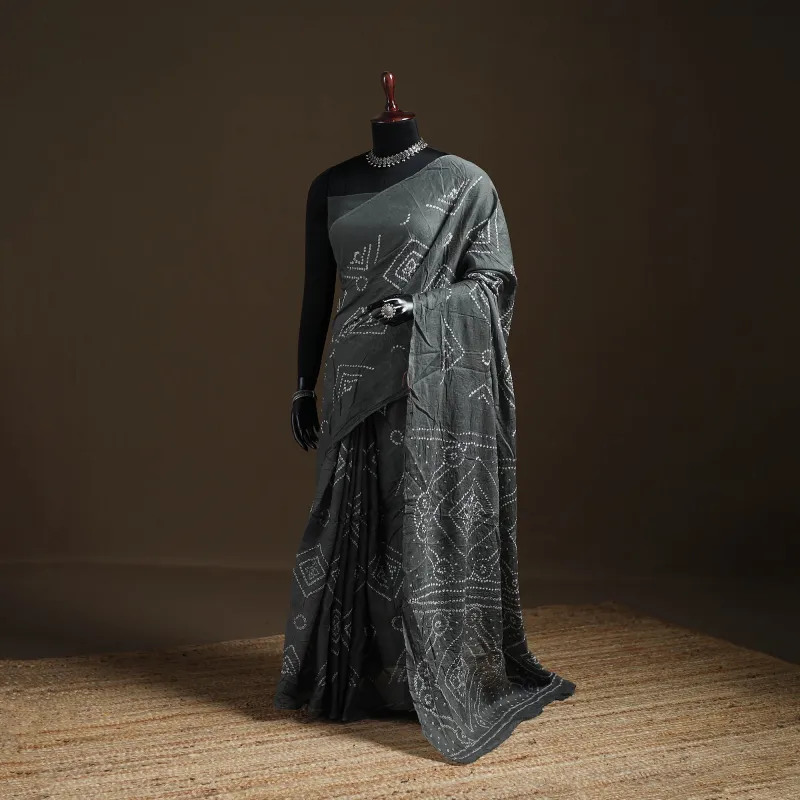 Grey - Kutch Tie-Dye Pure Mul Cotton Rai Bandhani Saree with Blouse Piece 06 made by Itokri