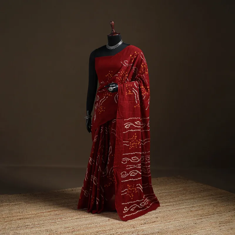Maroon - Kutch Tie-Dye Pure Mul Cotton Rai Bandhani Saree with Blouse Piece 03 made by Itokri