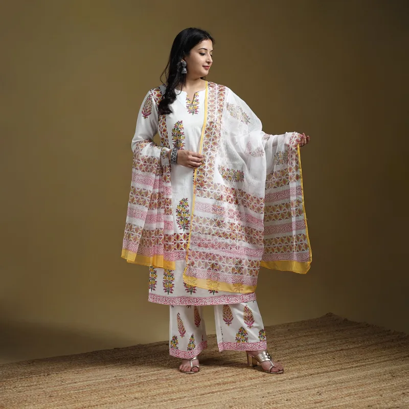 White - Sanganeri Hand Block Print Cotton Suit Set with Dupatta for women 09 made by Itokri