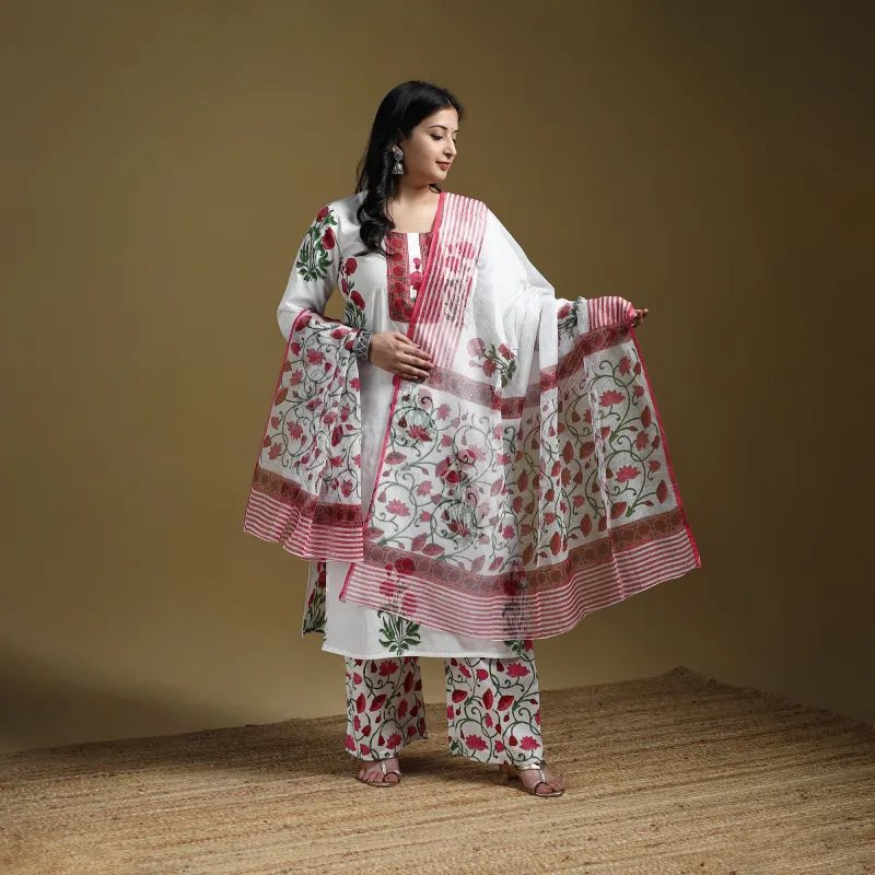 Pink - Sanganeri Hand Block Print Cotton Suit Set with Dupatta for women 03 made by Itokri
