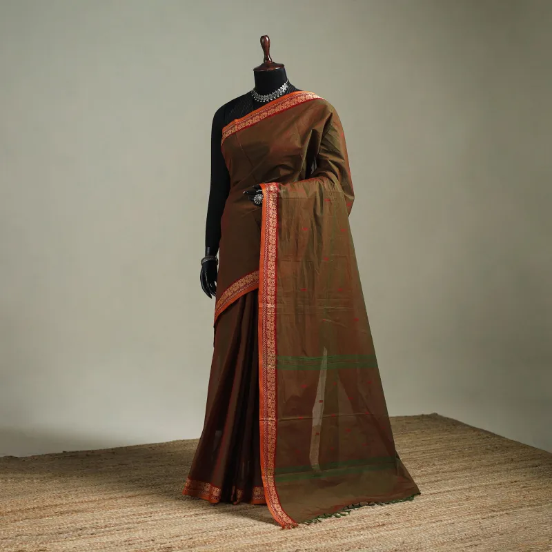 Brown - Kanchipuram Buti Cotton Saree with Border 22 made by Itokri