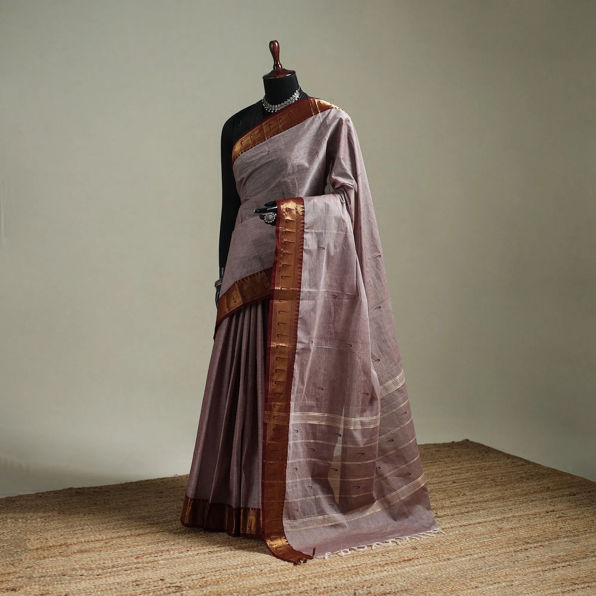 Brown - Kanchipuram Buti Cotton Saree with Border 29 sold by Itokri