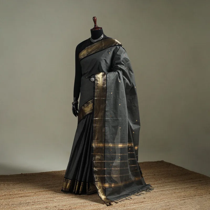 Grey - Kanchipuram Buti Cotton Saree with Border 07 made by Itokri