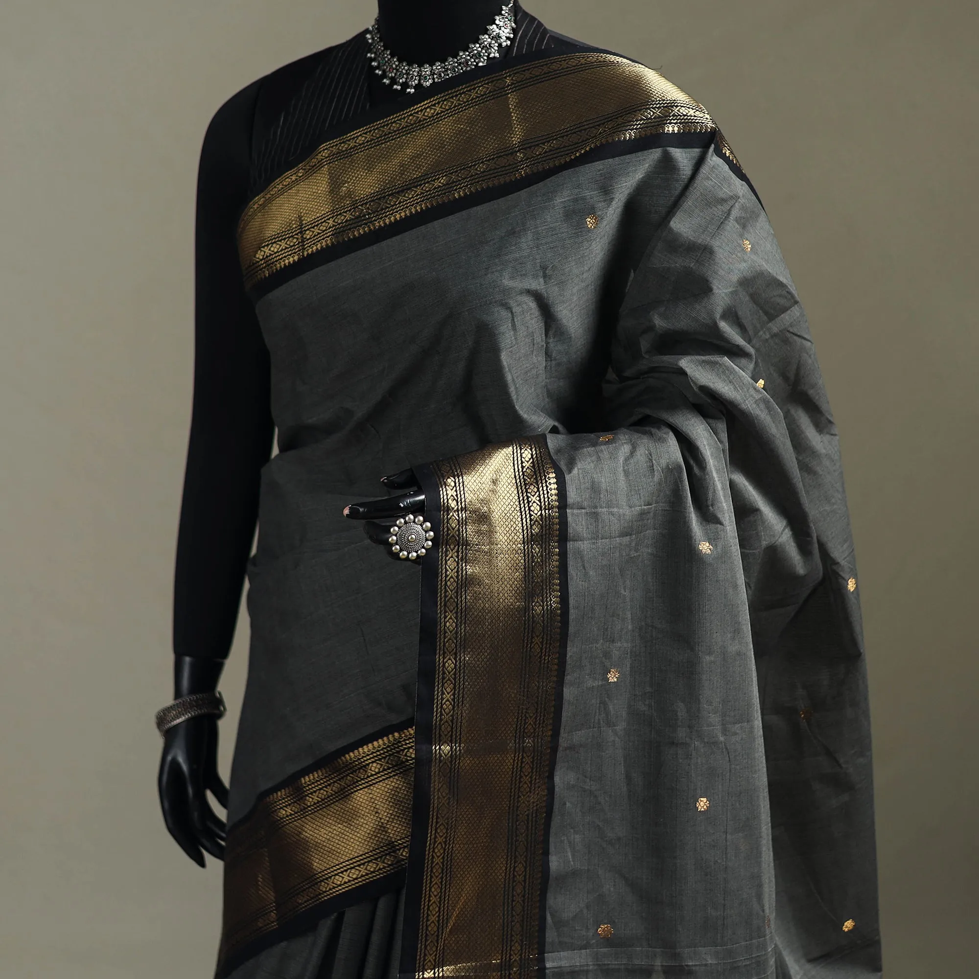 Grey - Kanchipuram Buti Cotton Saree with Border 07 sold by Itokri product image thumbnail 2