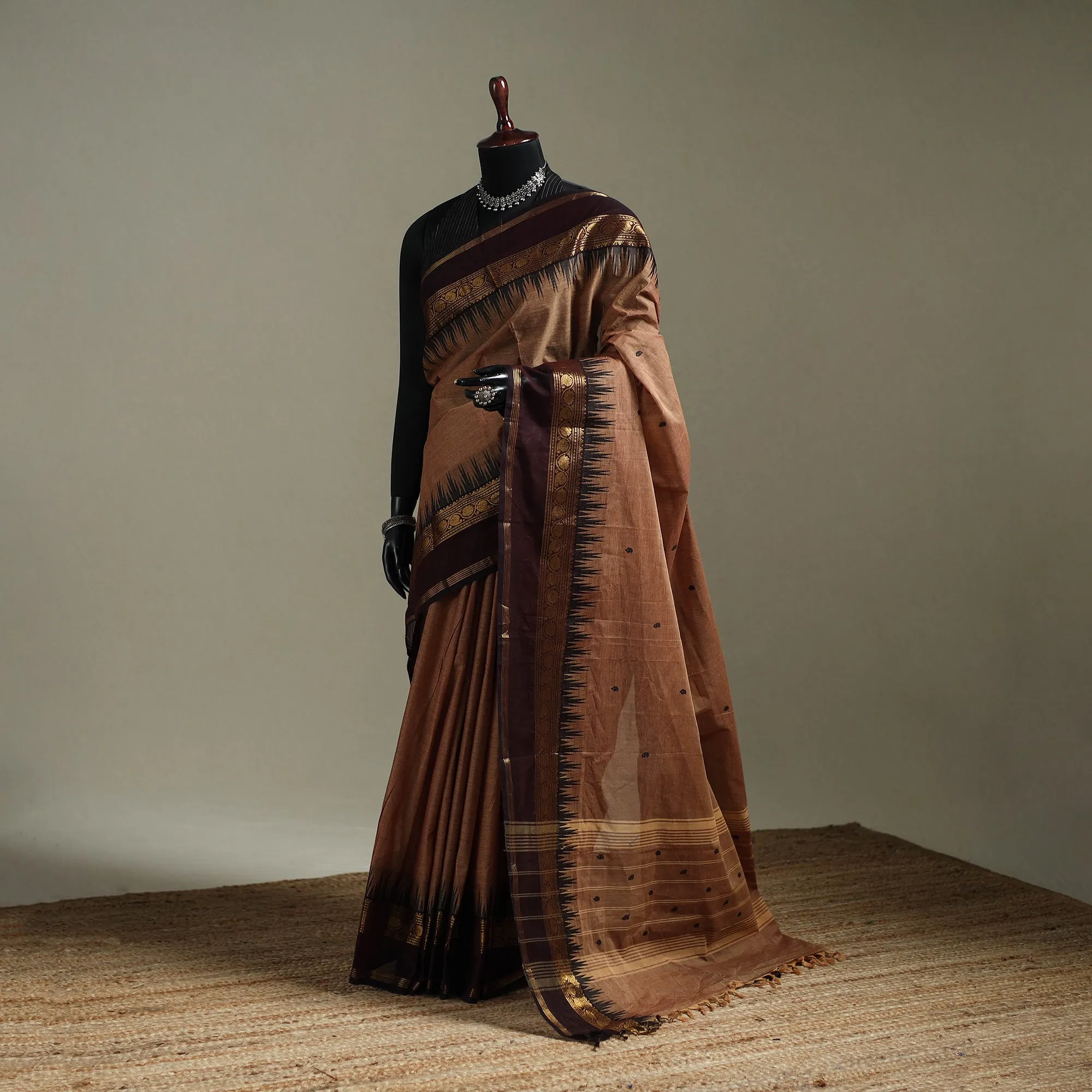 Brown - Kanchipuram Buti Cotton Saree with Border 03 sold by Itokri