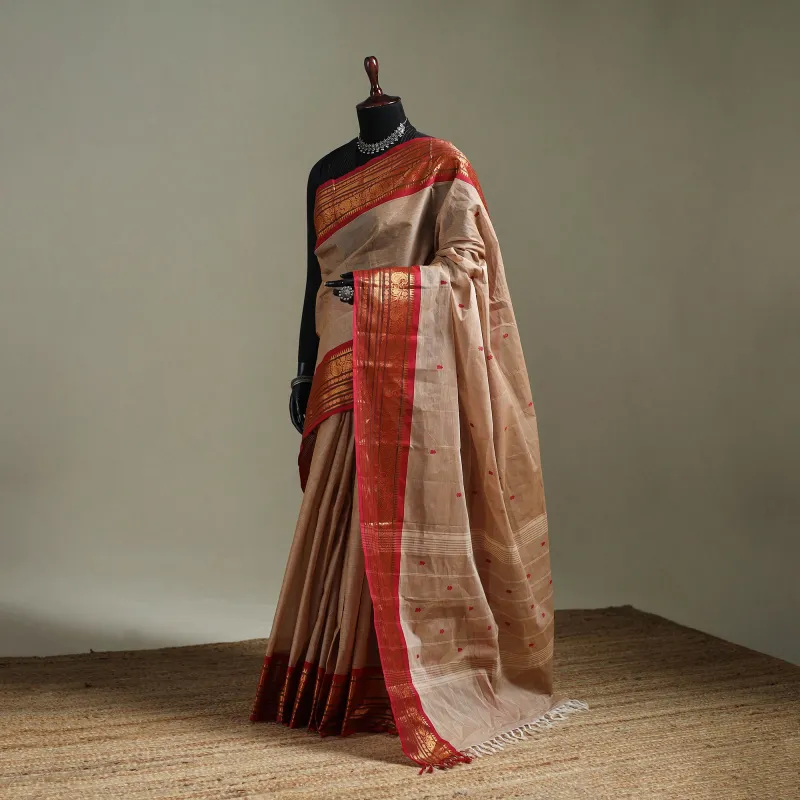 Beige - Kanchipuram Buti Cotton Saree with Border 02 made by Itokri