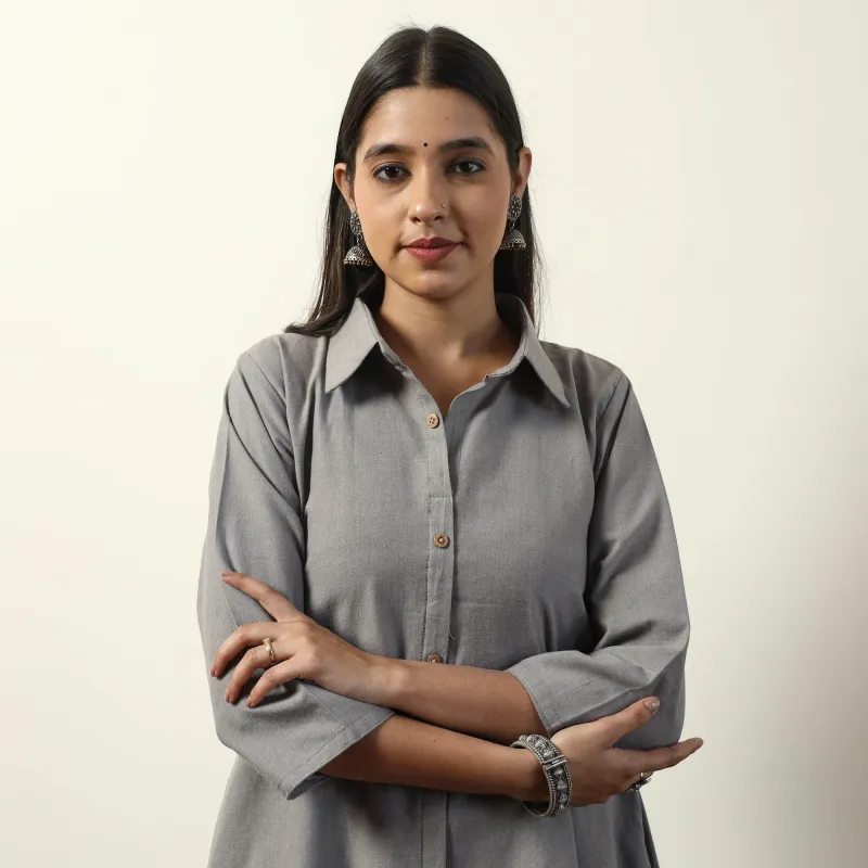 Grey - Jhiri Handloom Cotton A-Line Long Kurta made by Itokri