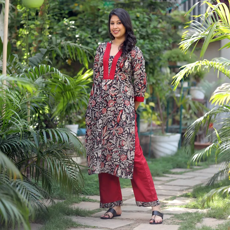Black - Kalamkari Printed Cotton Kurta with Palazzo Set made by Itokri
