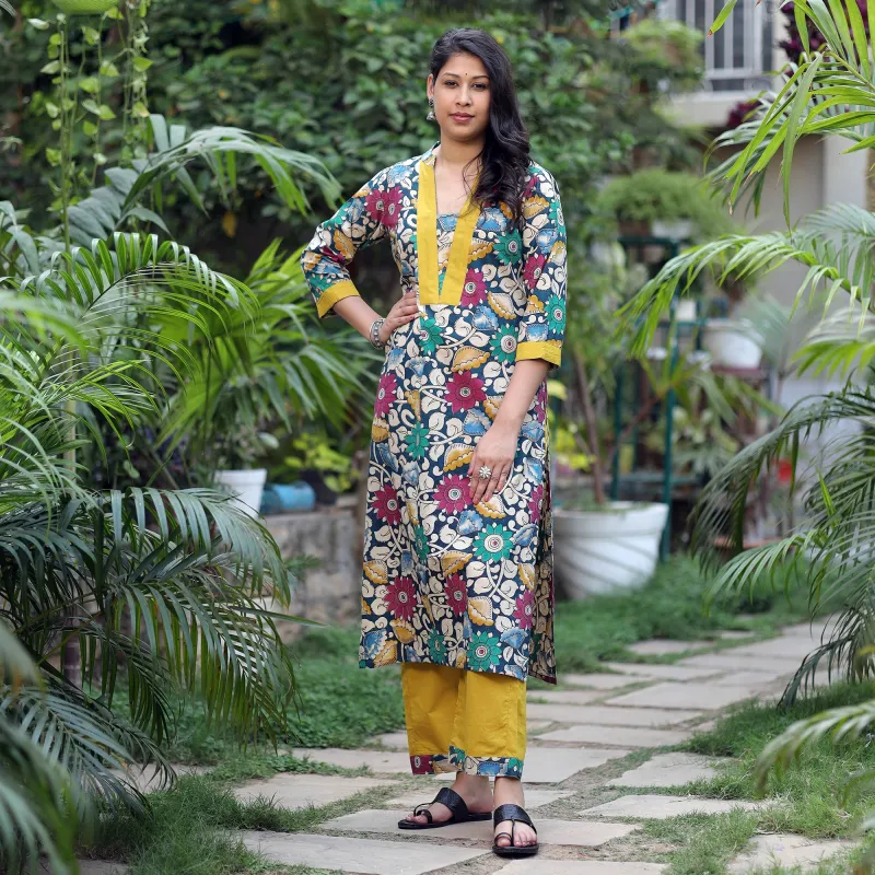 Multicolor - Kalamkari Printed Cotton Kurta with Palazzo Set made by Itokri