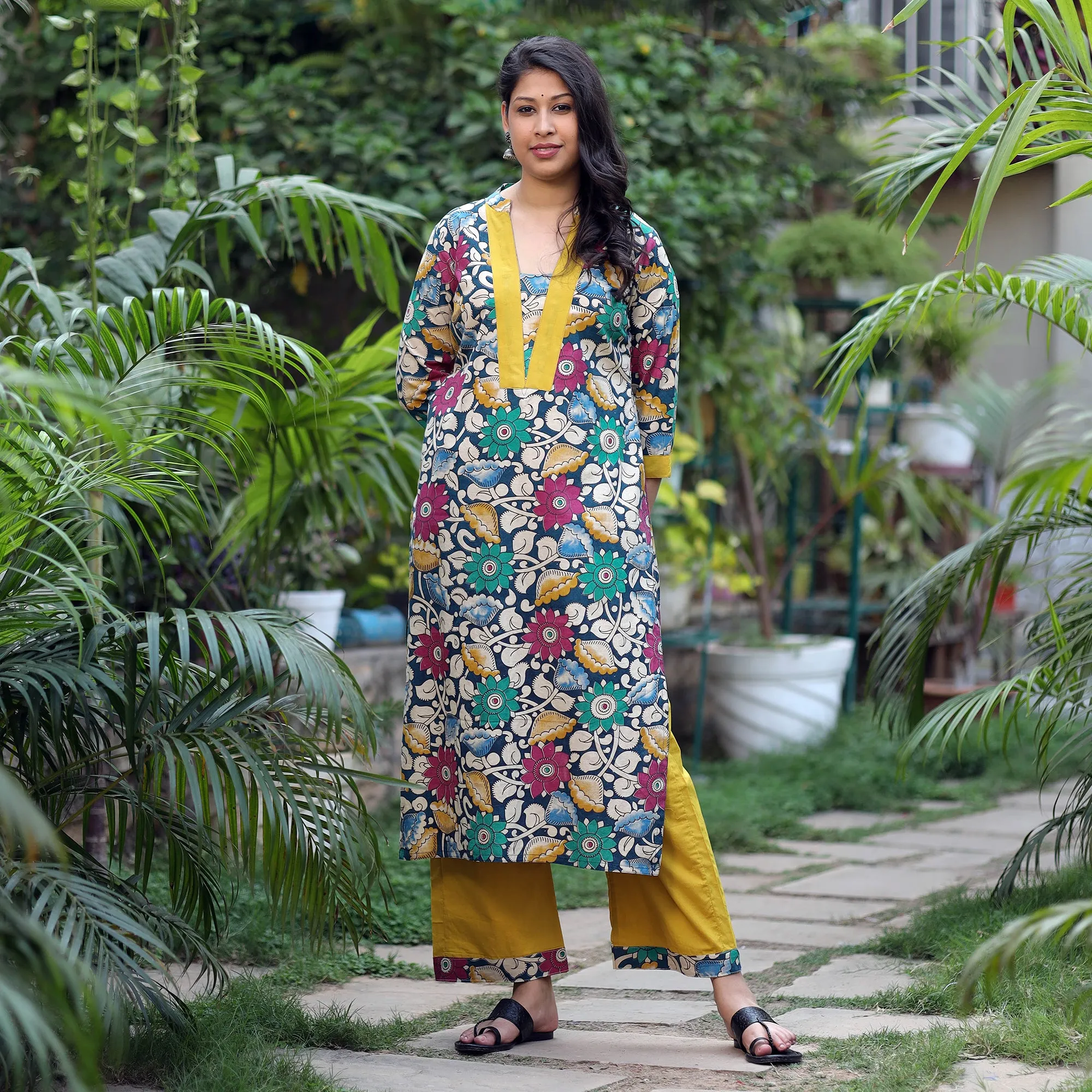 Multicolor - Kalamkari Printed Cotton Kurta with Palazzo Set sold by Itokri product image thumbnail 4