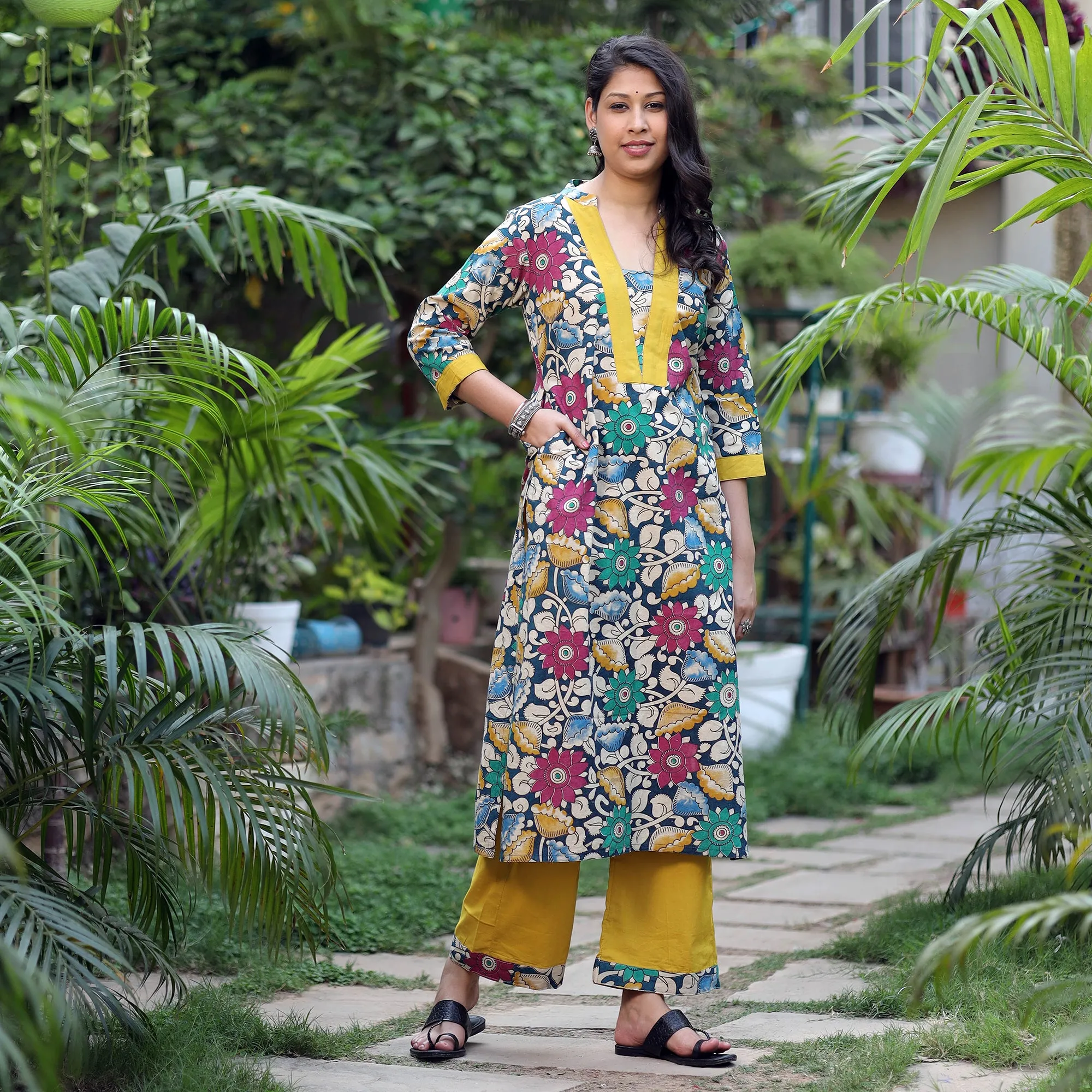 Multicolor - Kalamkari Printed Cotton Kurta with Palazzo Set sold by Itokri product image thumbnail 2