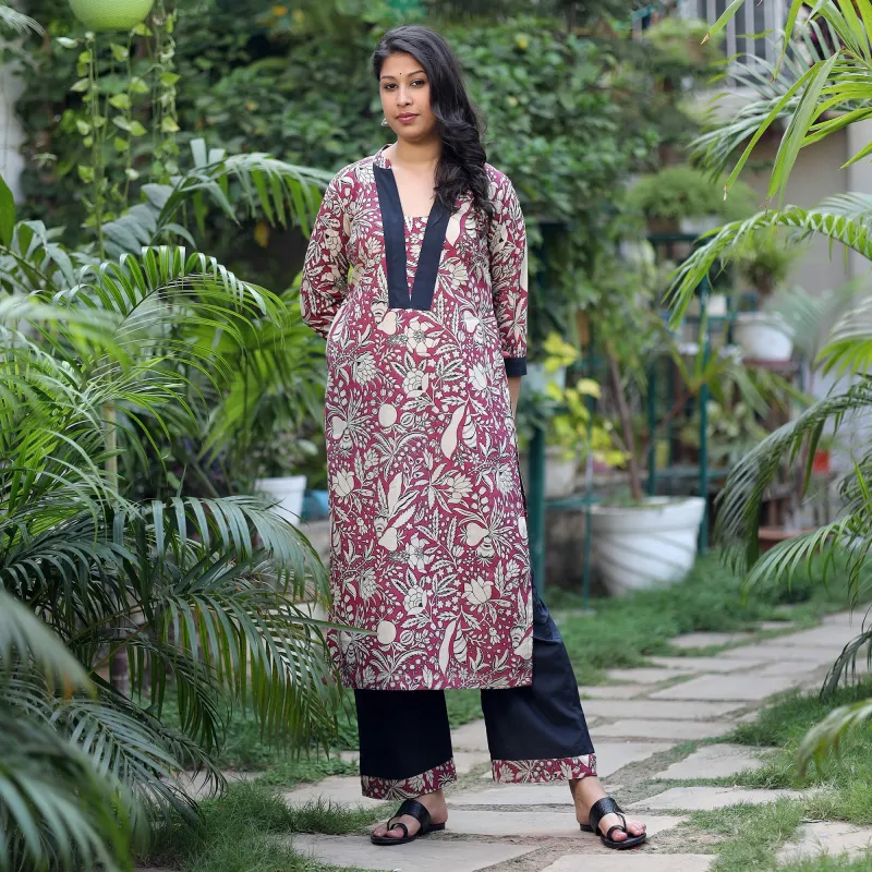 Purple - Dark Pink - Kalamkari Printed Cotton Kurta with Palazzo Set made by Itokri