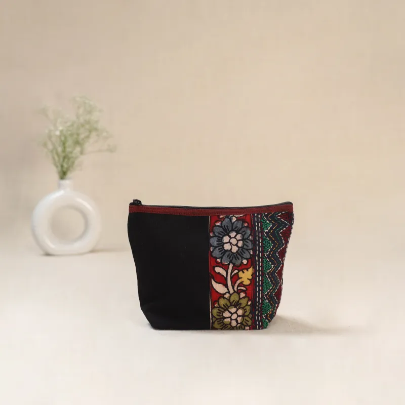 Black - Tagai Work Srikalahasti Kalamkari Handpainted Small Utility Pouch 116 made by Itokri