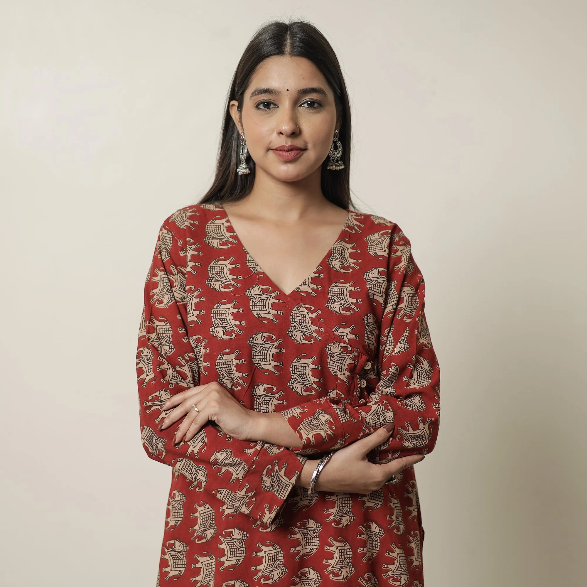 Red - Kalamkari Printed Cotton Straight Kurta 19 sold by Itokri product image thumbnail 3