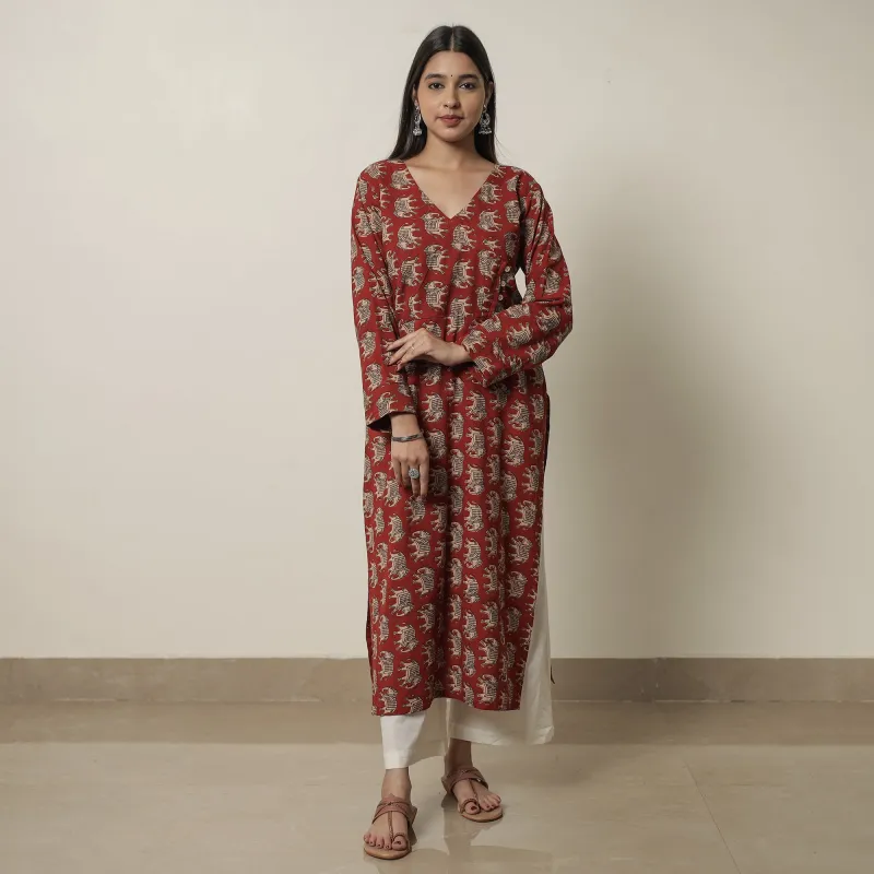 Red - Kalamkari Printed Cotton Straight Kurta 19 made by Itokri