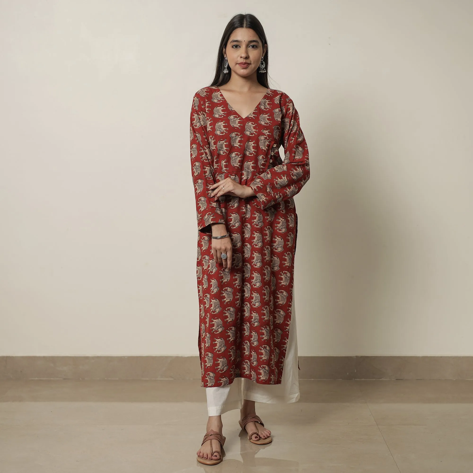 Red - Kalamkari Printed Cotton Straight Kurta 19 sold by Itokri