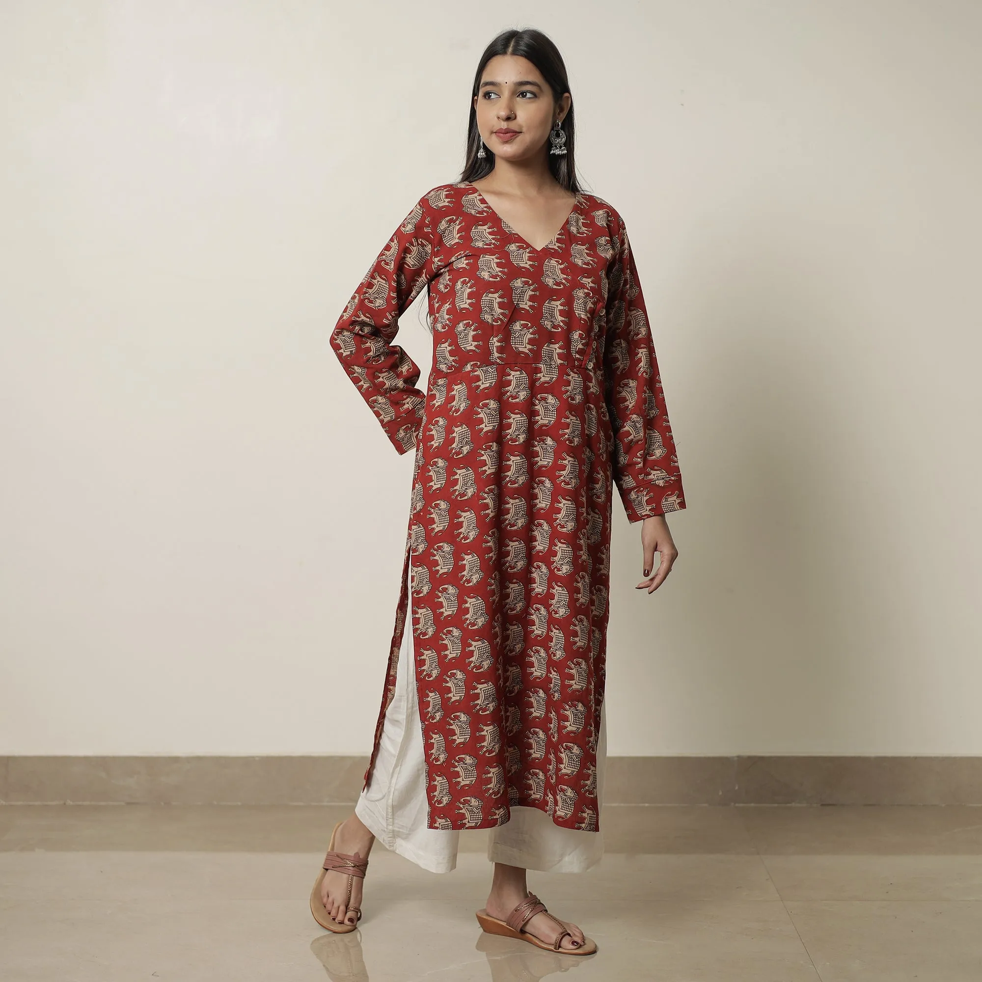 Red - Kalamkari Printed Cotton Straight Kurta 19 sold by Itokri product image thumbnail 2