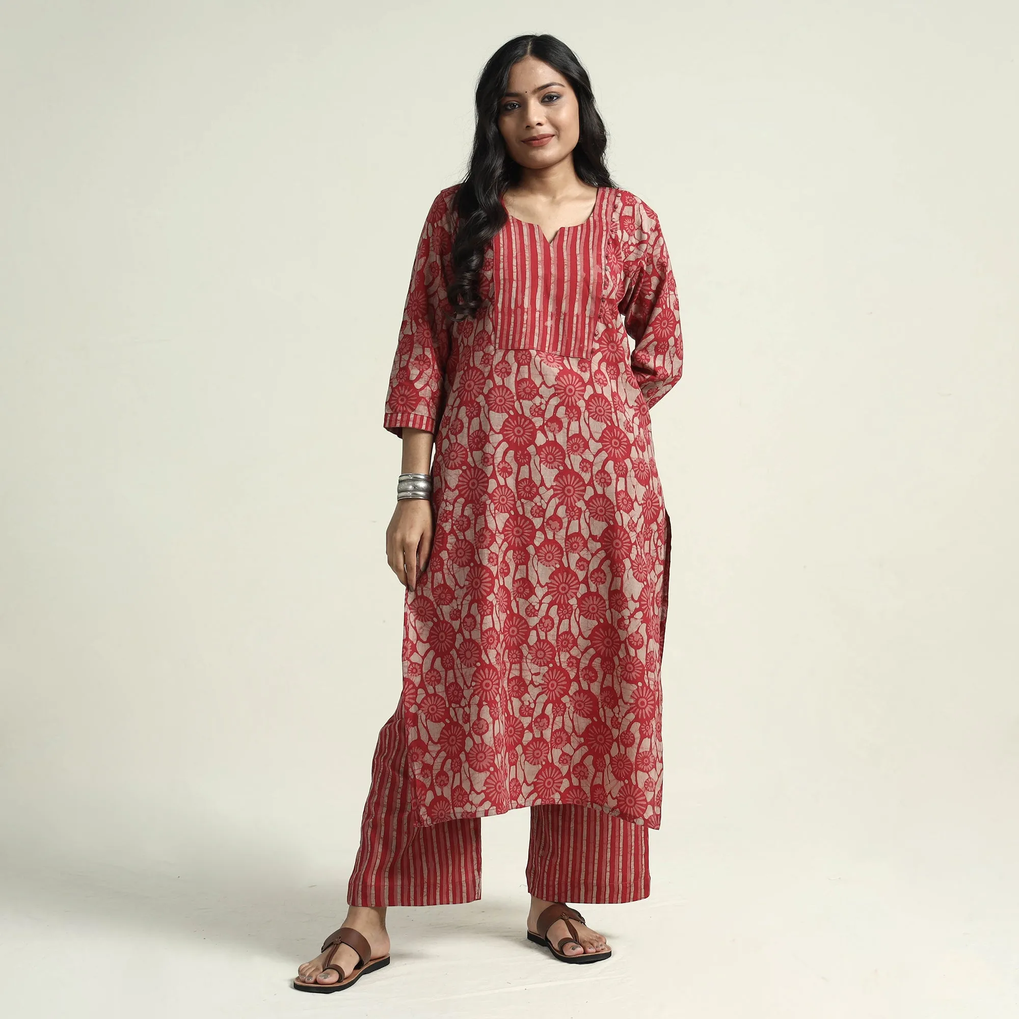 Red - Hand Batik Printed Cotton Kurta with Palazzo & Dupatta Set sold by Itokri product image thumbnail 4