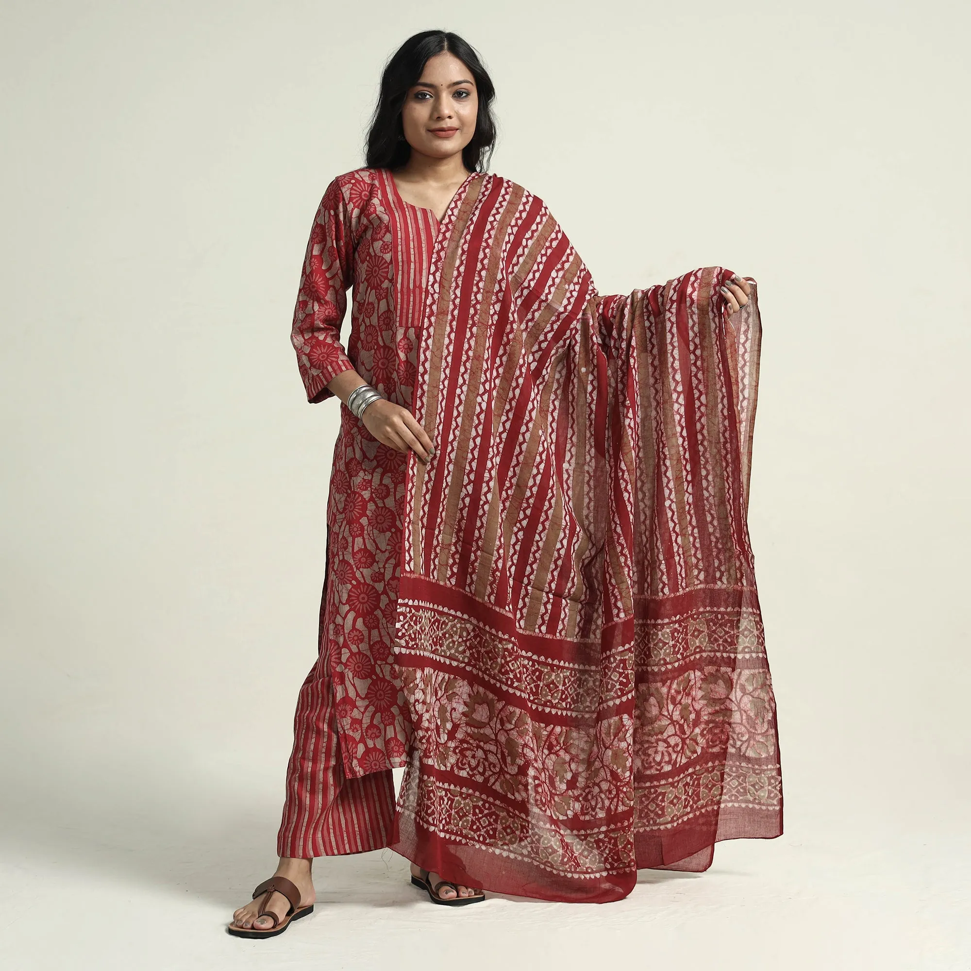 Red - Hand Batik Printed Cotton Kurta with Palazzo & Dupatta Set sold by Itokri product image thumbnail 3