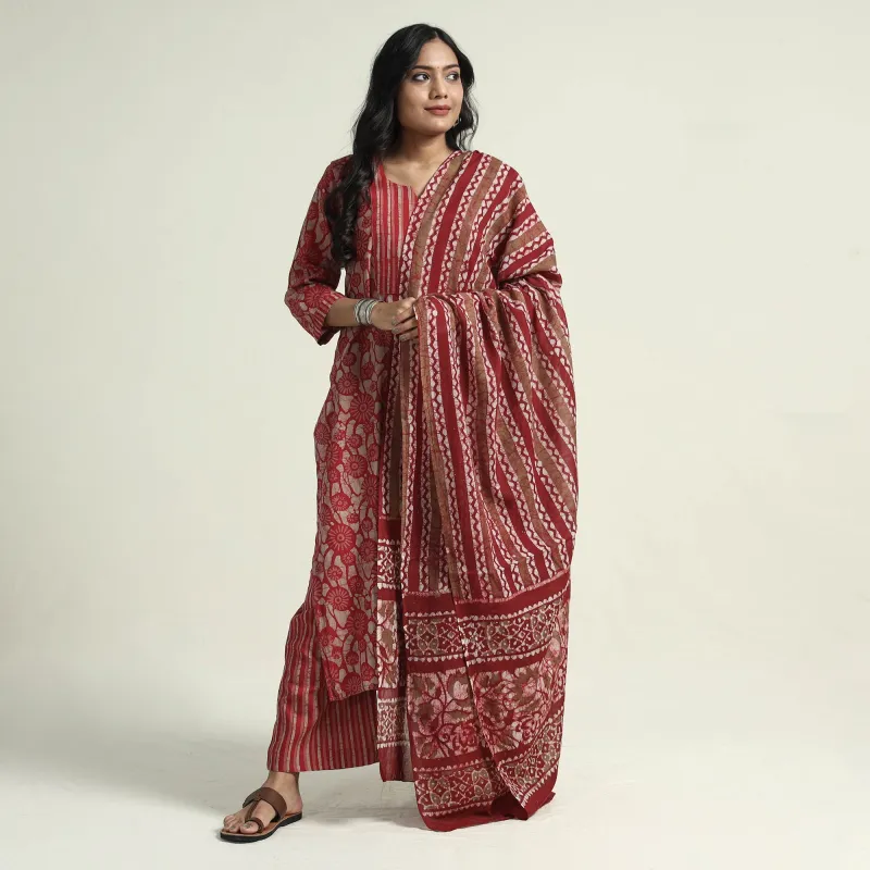 Red - Hand Batik Printed Cotton Kurta with Palazzo & Dupatta Set made by Itokri