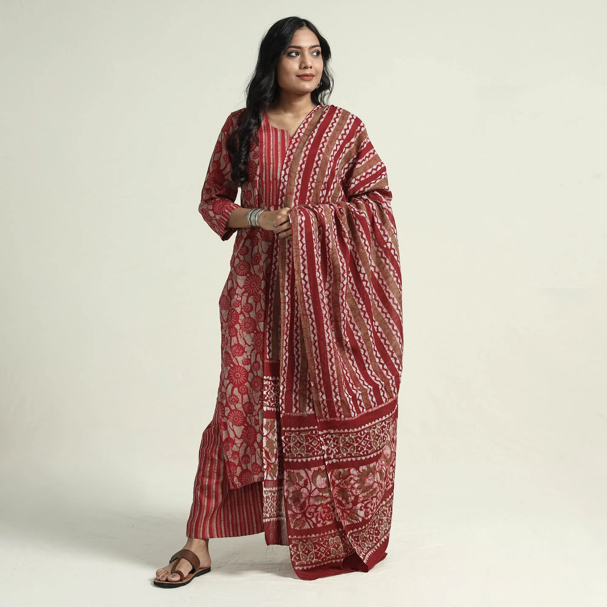 Red - Hand Batik Printed Cotton Kurta with Palazzo & Dupatta Set sold by Itokri