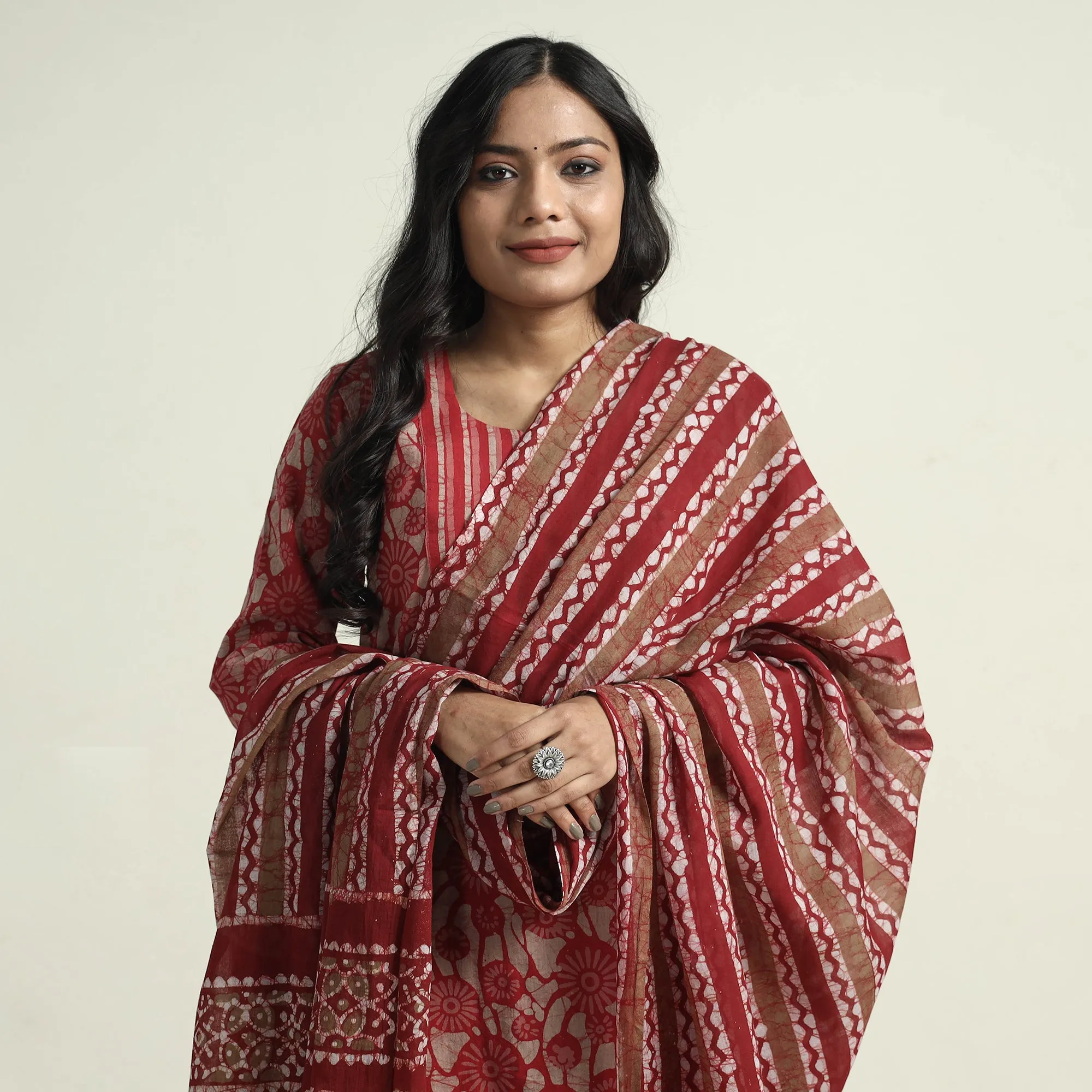 Red - Hand Batik Printed Cotton Kurta with Palazzo & Dupatta Set sold by Itokri product image thumbnail 2