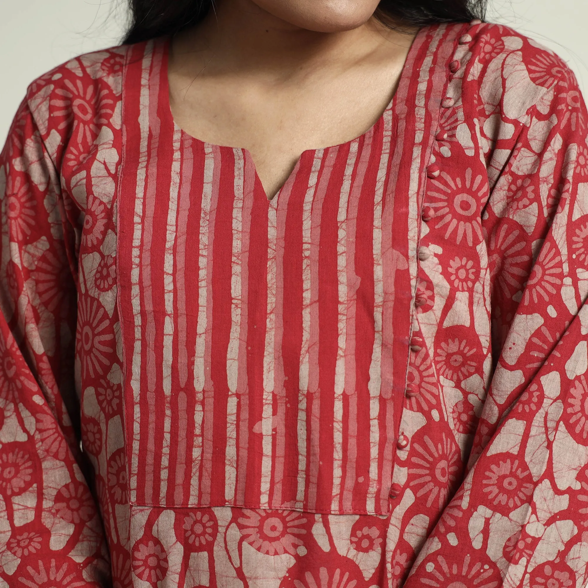 Red - Hand Batik Printed Cotton Kurta with Palazzo & Dupatta Set sold by Itokri product image thumbnail 5