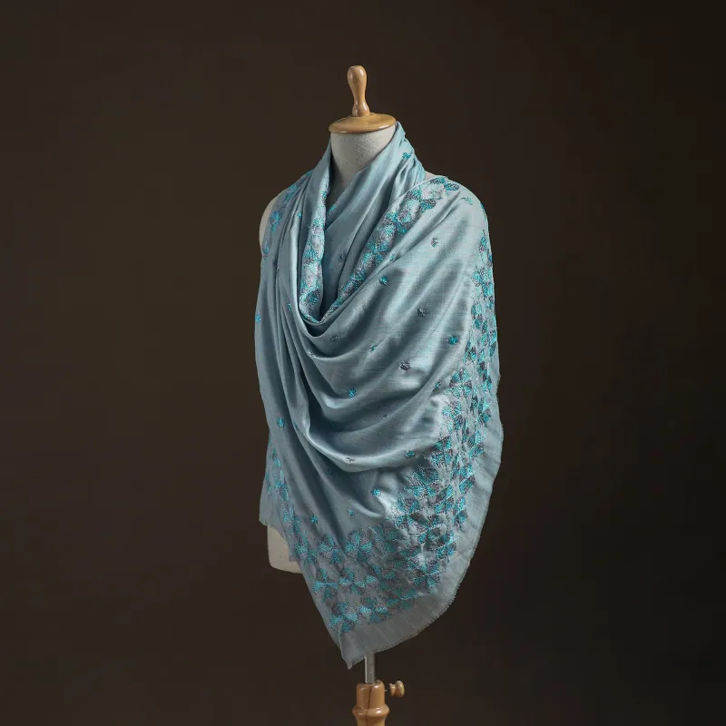 Blue - Hand Embroidered Phulkari Wool Shawl 07 made by Itokri