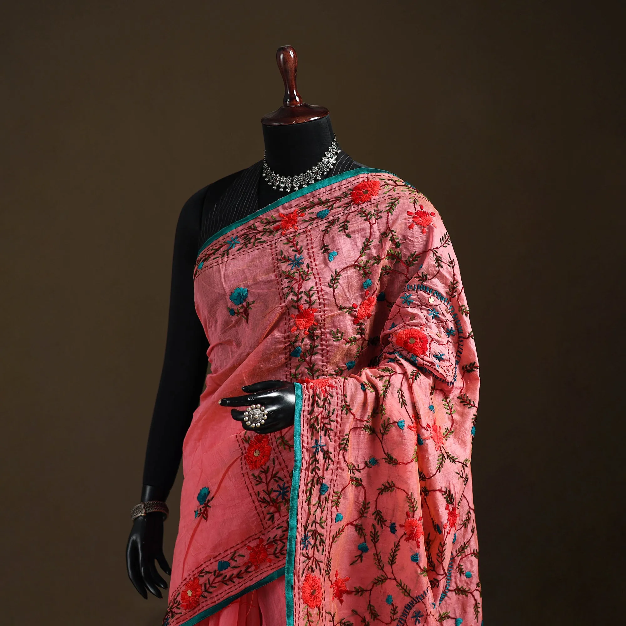 Pink - Phulkari Hand Embroidery Chapa Work Chanderi Silk Saree 14 sold by Itokri product image thumbnail 2