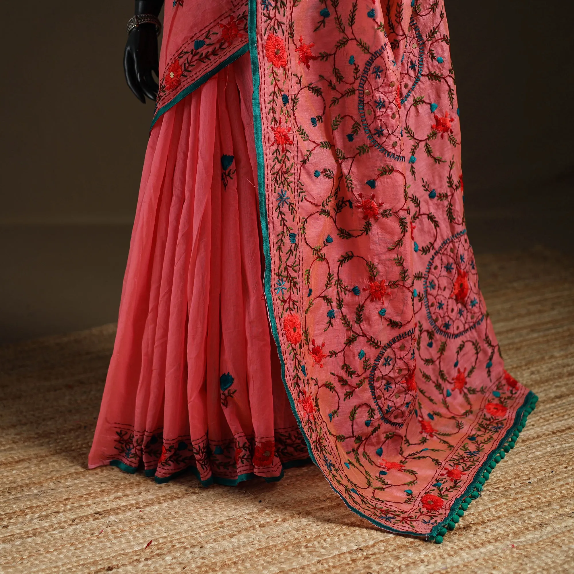 Pink - Phulkari Hand Embroidery Chapa Work Chanderi Silk Saree 14 sold by Itokri product image thumbnail 3