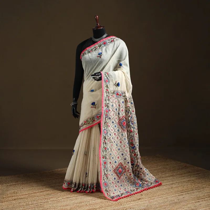 Beige - Phulkari Hand Embroidery Chapa Work Chanderi Silk Saree 13 made by Itokri