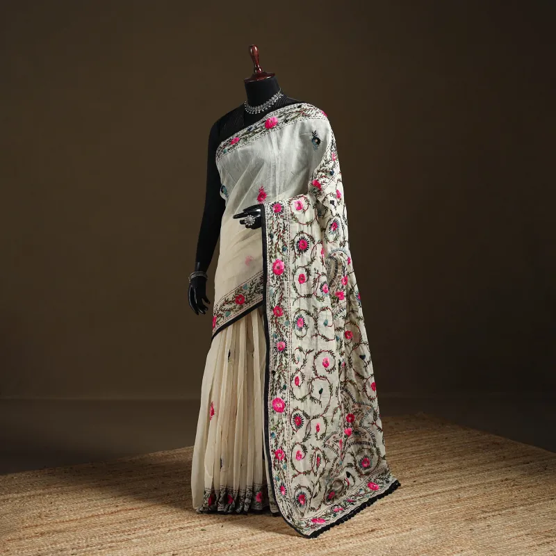 Beige - Phulkari Hand Embroidery Chapa Work Chanderi Silk Saree 09 made by Itokri
