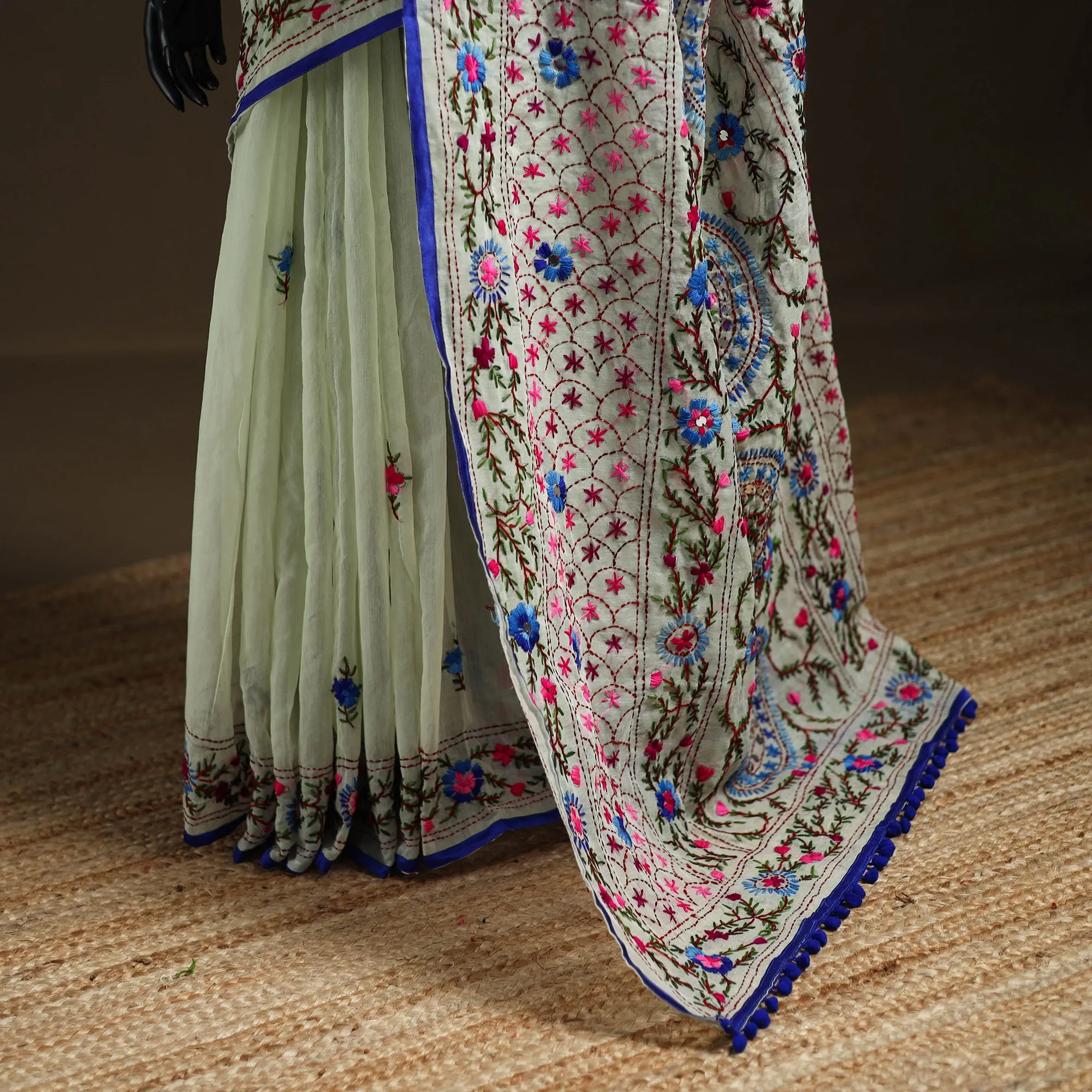 Green - Phulkari Hand Embroidery Chapa Work Chanderi Silk Saree 07 sold by Itokri product image thumbnail 3